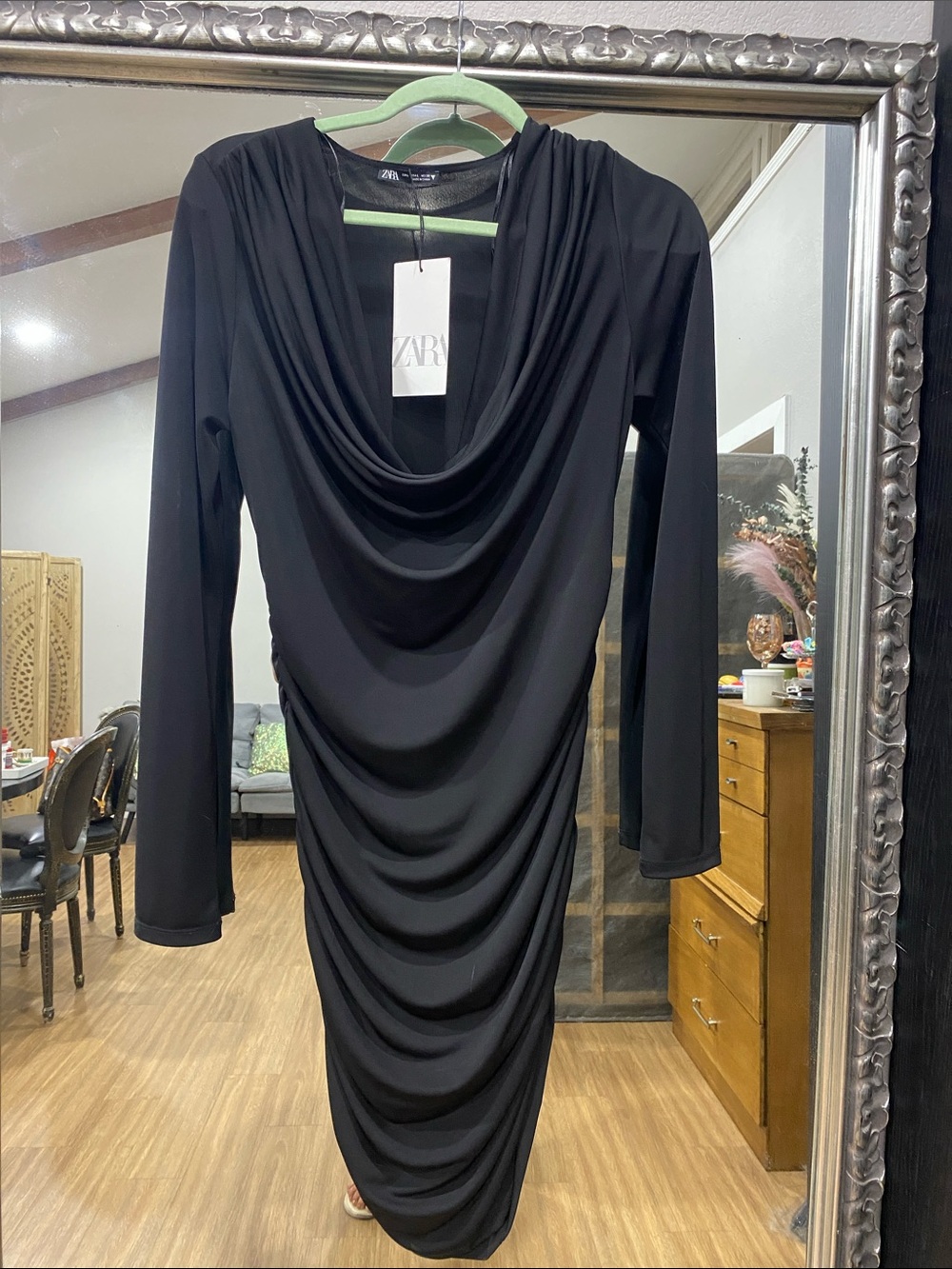 ZARA Black Draped Cowl-Neck Long Sleeve Dress